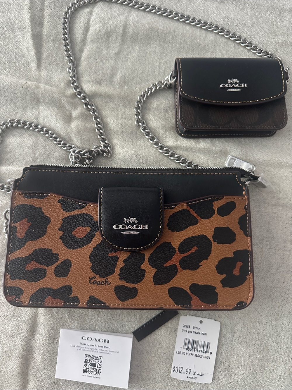 Coach Leopard Print Crossbody with Black Trim and Silver Chain